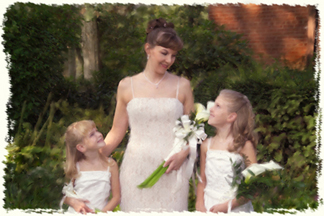 Painterly version of bride with flowergirls